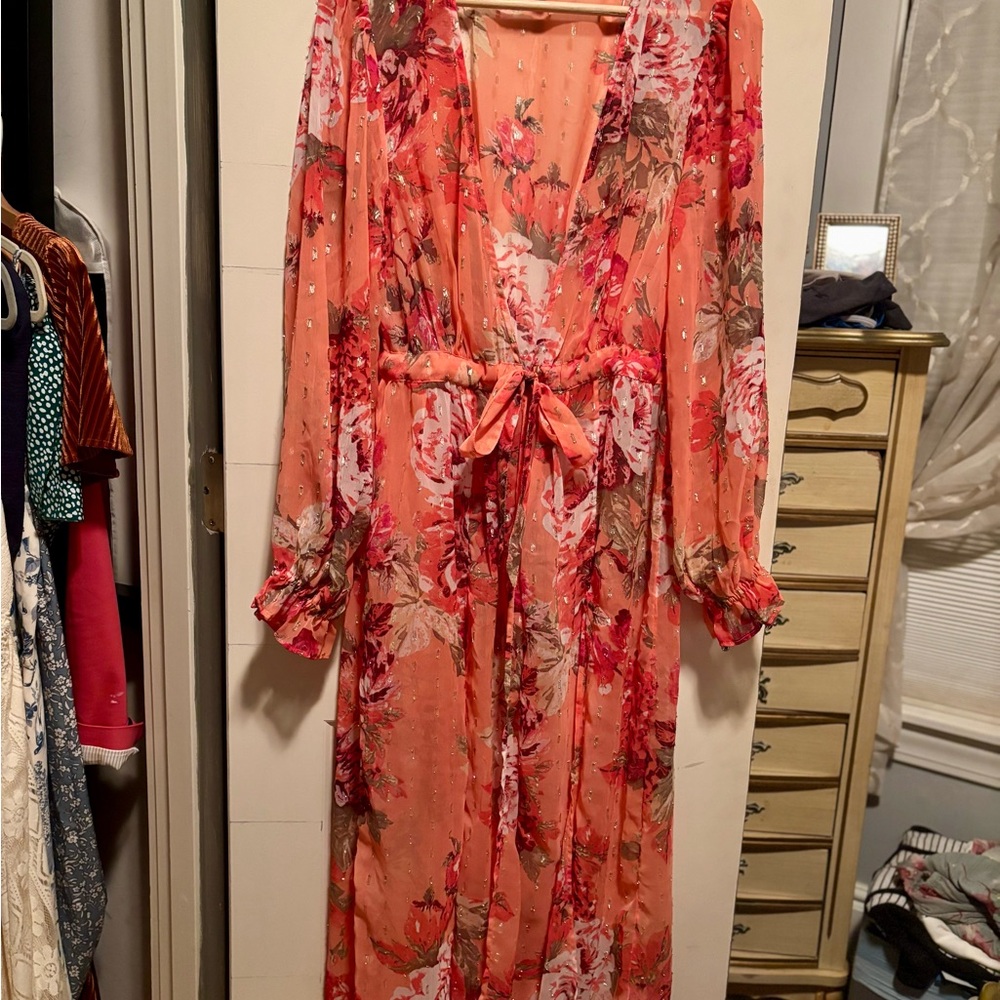 Floral Sheer Long Shall with Tie Waist